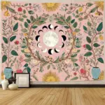 A Vintage Bohemian Tapestry Featuring The Sun And Moon, Adorned with Floral Vines And Lunar Phases, Made of Polyester Material,