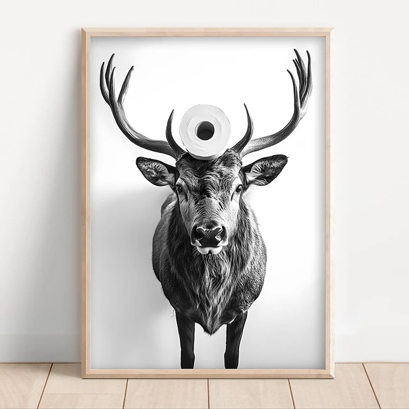 Black White Funny Bathroom Poster Animals with A Toilet Paper Roll on Head Canvas Painting Print Wall Art Picture for Home Decor - Image 4