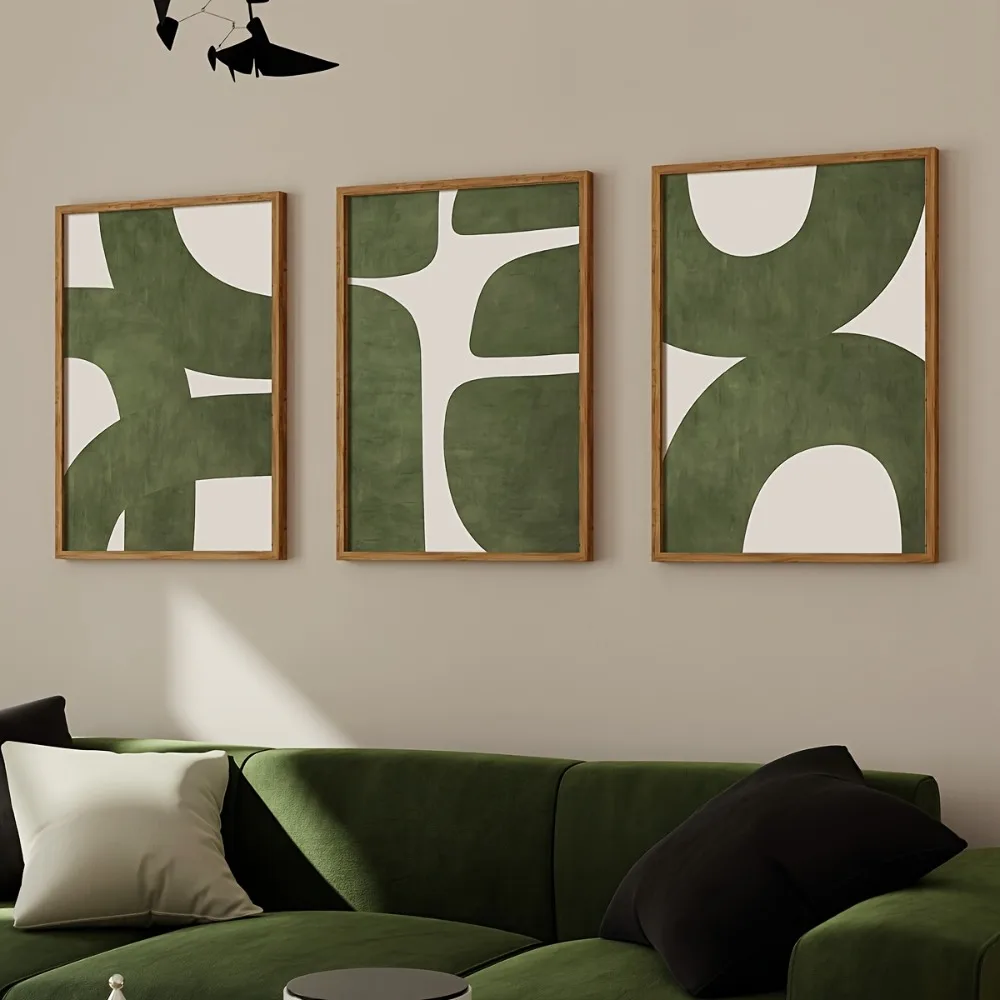 3pcs Frameless Mid-century Modern Minimalist Green Abstract Prints,Fashion Theme Canvas Posters Living Room,Bedroom Wall Decor - Image 3