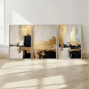 3pcs Frameless Retro,Abstract,Nordic Minimalist,Beige Black and Gold Mixed Painting,Creative Canvas Wall Art,Living Room Decor