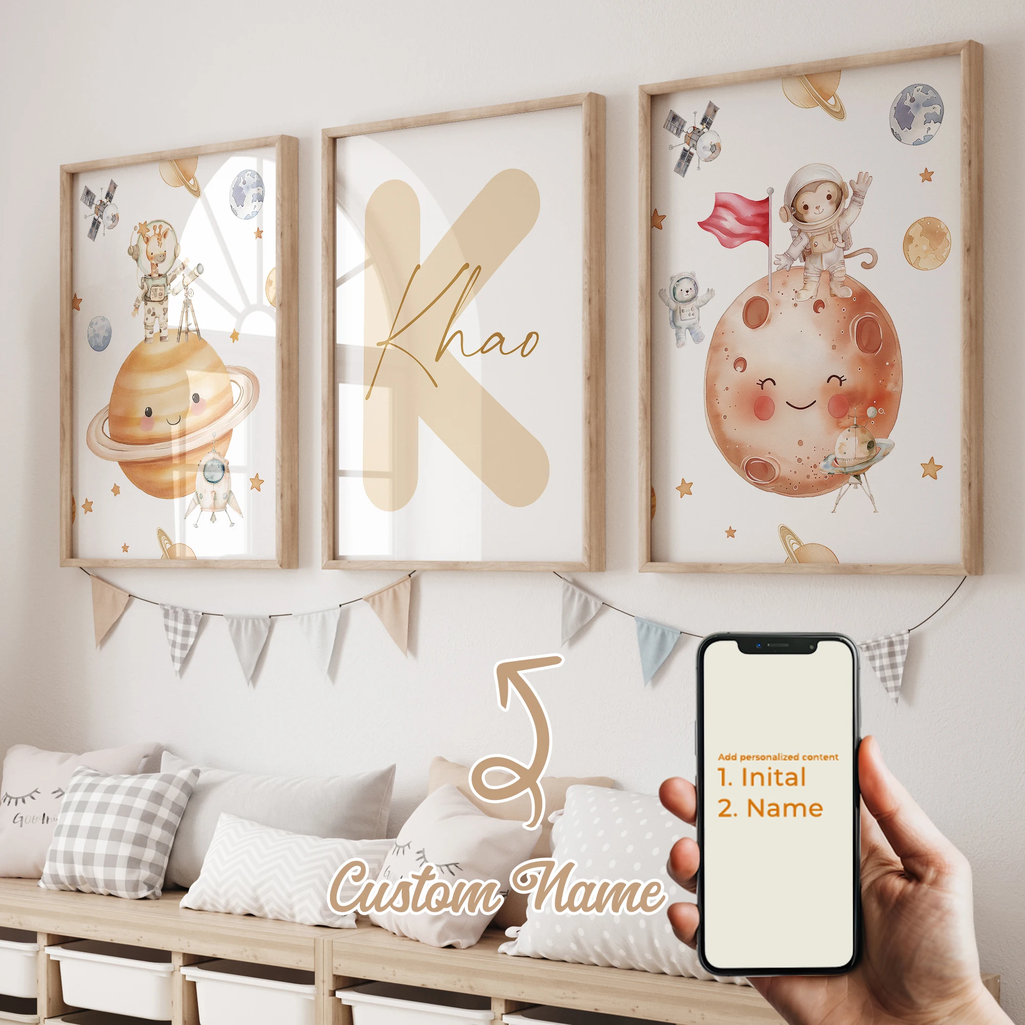 3pcs Personalized Custom Name Cartoon Planet Astronaut Wall Art Print Picture Canvas Poster Painting For Living Room Home Decor - Image 2