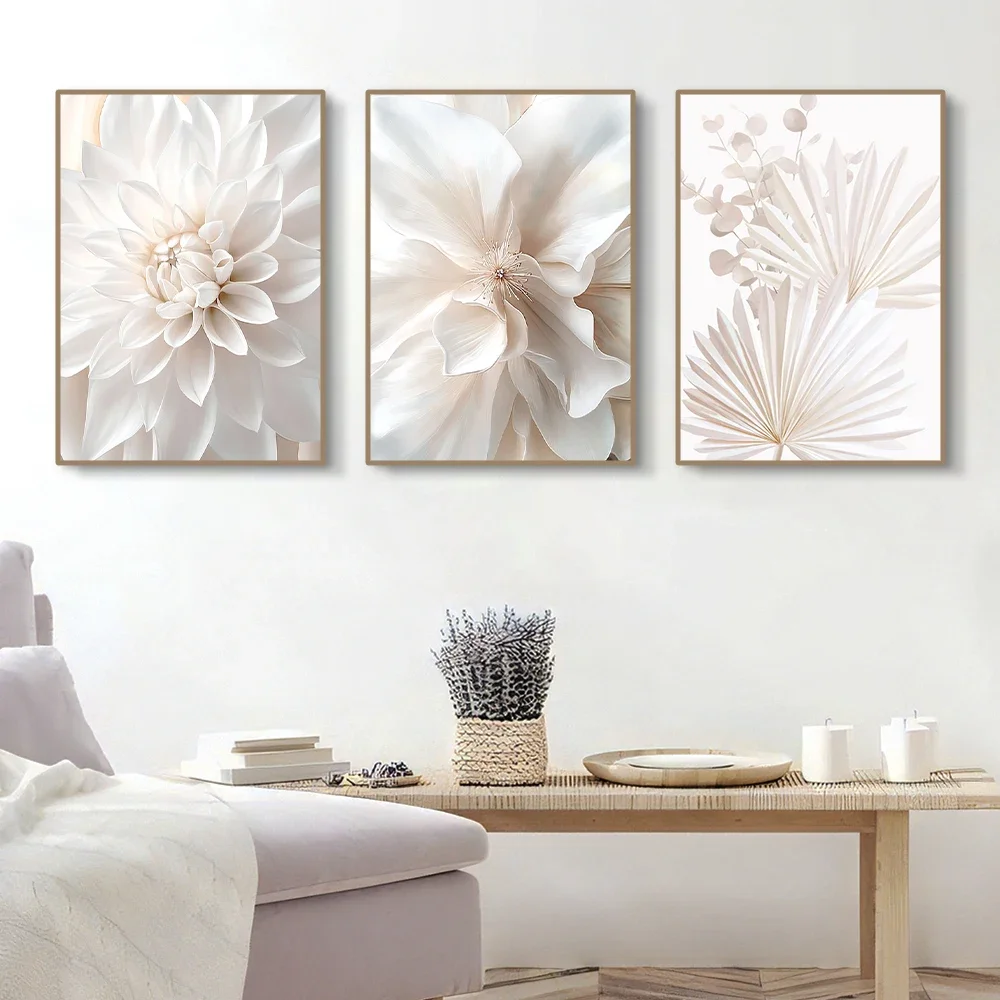 3PCS/Sets Pure White Flower Posters Canvas Painting Minimalist Posters And Prints Wall Art for Home Living Room Decor Unframed