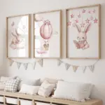 3pcs Cartoon Children Pink Rabbit Hot Air Balloon Wall Art Prints Canvas Painting Poster Picture For Living Room Home Decor