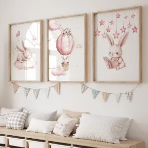 3pcs Cartoon Children Pink Rabbit Hot Air Balloon Wall Art Prints Canvas Painting Poster Picture For Living Room Home Decor