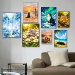 Cute Kittens Various Scenes Poster Funny Baby Cat in Daisy Field Watching Sunset on Beach Sleeping Canvas Print for Home Decor