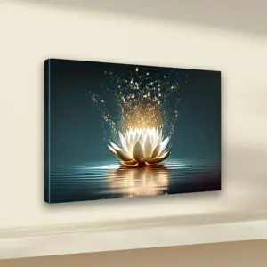 1pc Framed Modern Abstract Luminous for Lotus Canvas Wall Art with Embossed Leaves & Water Splashes - Serene Ink on Canvas Print