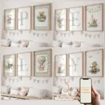 3pcs Personalized Custom Name Cartoon Green Bear Wall Art Print Picture Canvas Poster Painting For Living Child Room Home Decor