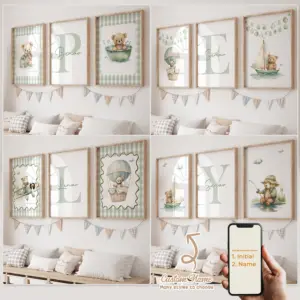3pcs Personalized Custom Name Cartoon Green Bear Wall Art Print Picture Canvas Poster Painting For Living Child Room Home Decor