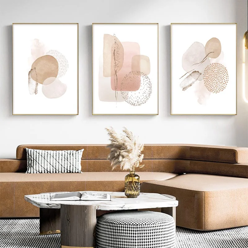 Abstract Watercolor Art Print in Beige Pink Gold Boho Geometric Canvas Painting Modern Wall Decor for Living Room Home Interio