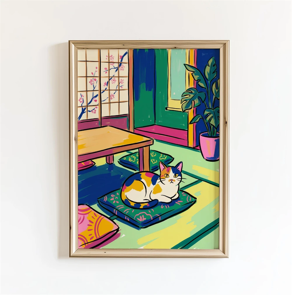 Moonlit Window Daydream Cat Wall Art Poster Tropical Bathroom Decor Colorful Floral Night Illustration Poster - Image 6