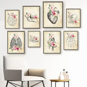 Vintage Anatomy Floral Wall Art Prints Anatomical Heart Brain Skeleton Bone Posters Medical Boho Flower Wall Decor Clinic Office
