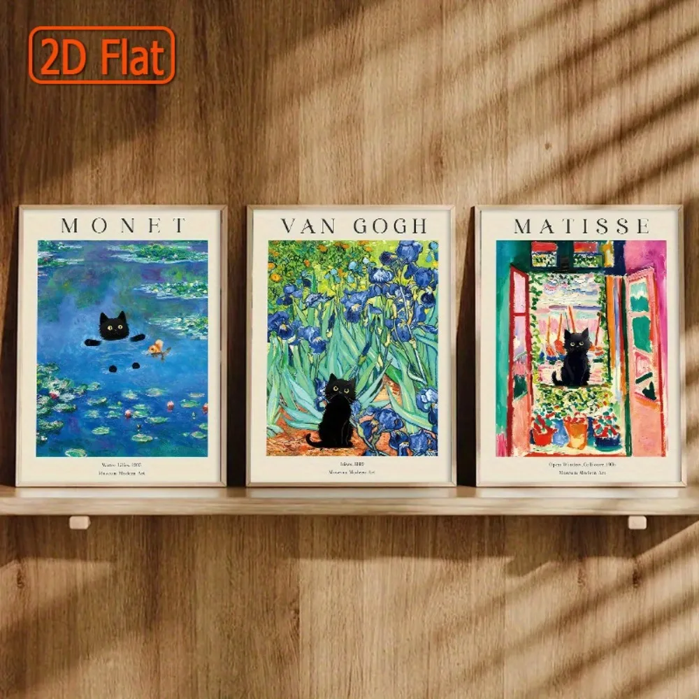 3 Frameless Canvas Prints of Famous Artists,Monet,Van Gogh,Matisse and Cat Illustrations,Classic Masterpieces and Modern Twists - Image 4