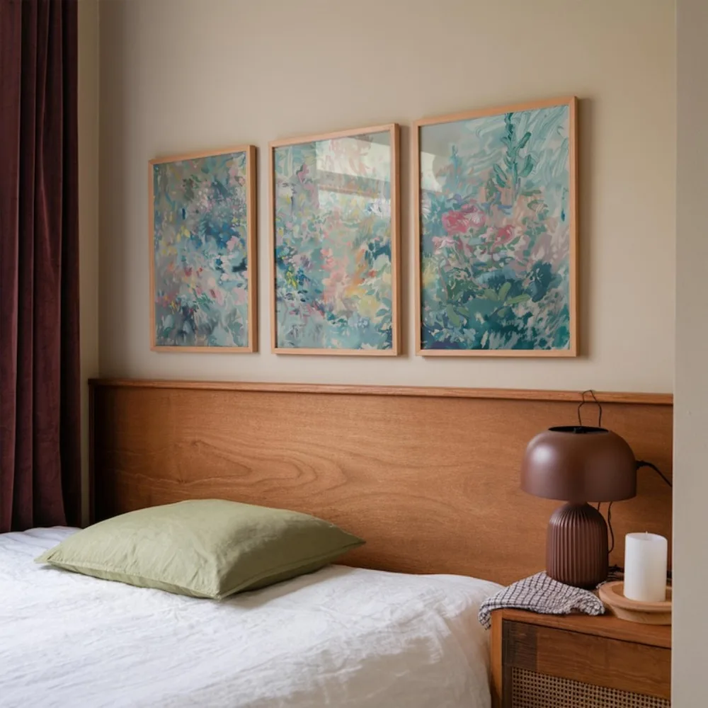 Frameless Three-piece Wall Art,Pastel Abstract Painting,Three Prints,Gallery Collection,Three-color Sage Green and Pink Decor - Image 2