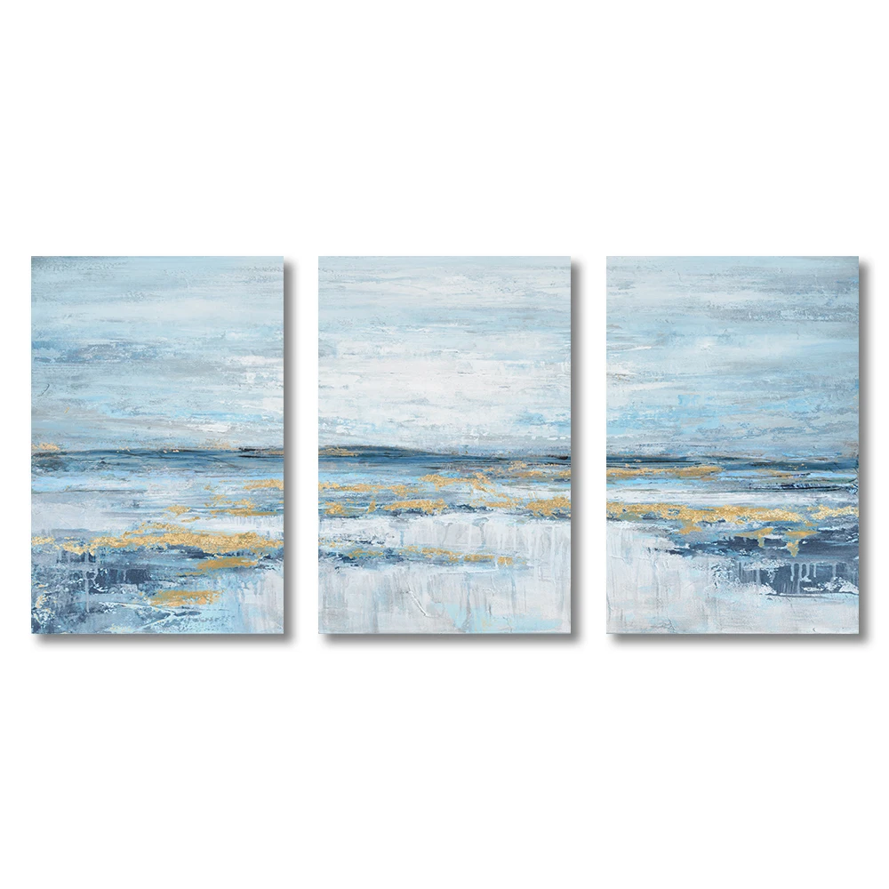 3 Panels Nordic Abstract Ocean Canvas Painting Coastal Theme Artwork Blue Gold Sunset & Sunrise Wall Art Posters for Living Room - Image 6