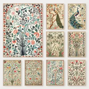 Indian Colourful Floral Bamboo Poster Traditional Botanical and Bird Illustration Canvas Painting Wall Art for Room Home Decor