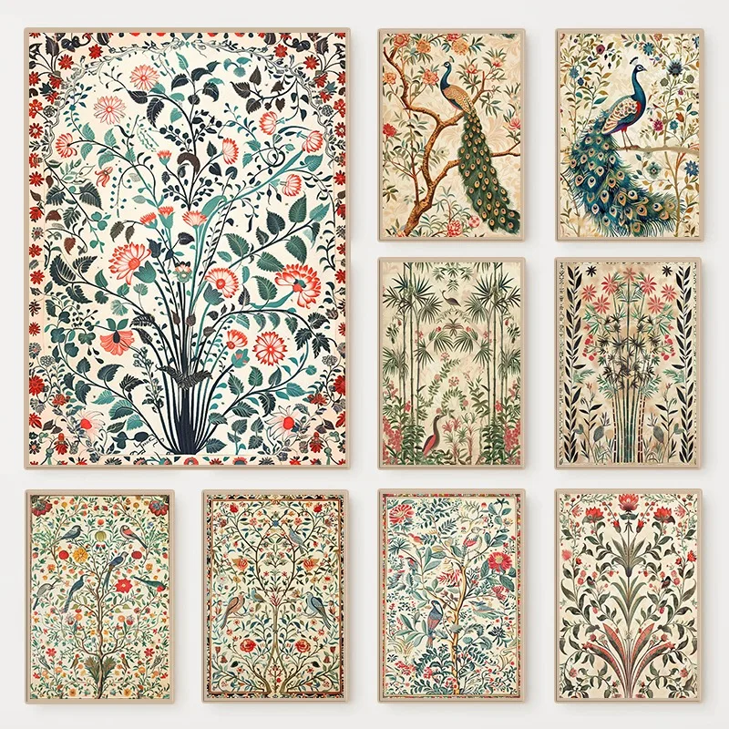 Indian Colourful Floral Bamboo Poster Traditional Botanical and Bird Illustration Canvas Painting Wall Art for Room Home Decor