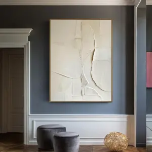 Creamy White Minimalist Painting Large Beige 3D Texture Wall Art Beige and White Abstract Canvas Oil Painting Modern Wabi Sab