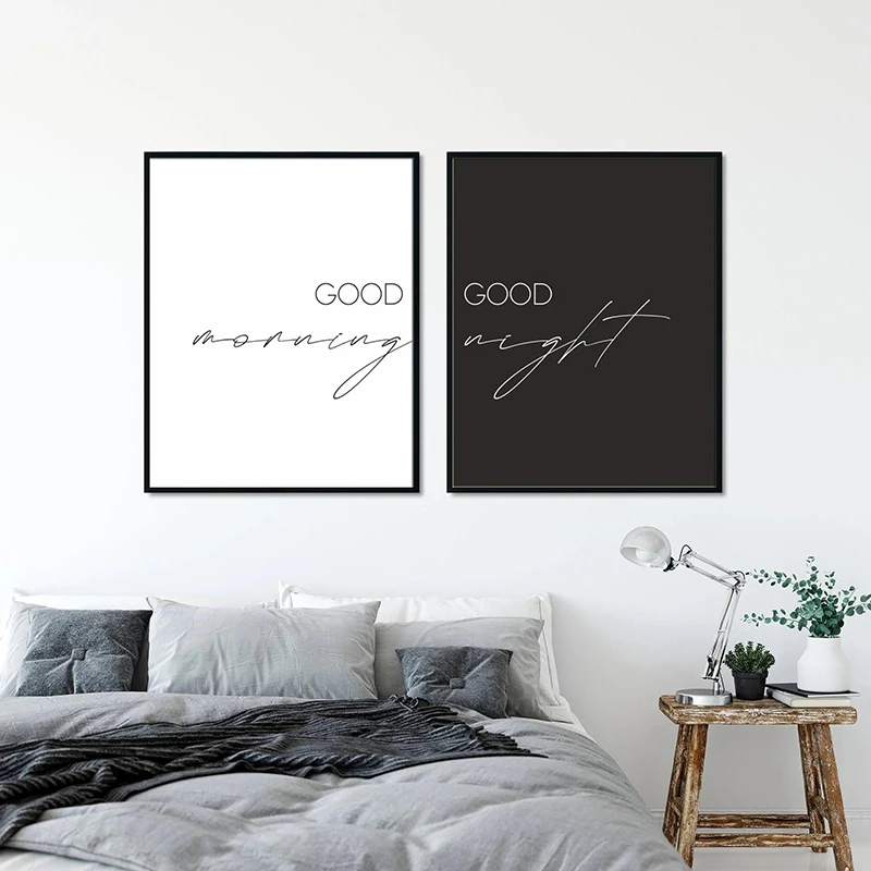 Black & White Good Morning Good Night Canvas Poster Minimal Print Modern Bedroom Over Bed Wall Art Picture for Home Decoration - Image 3