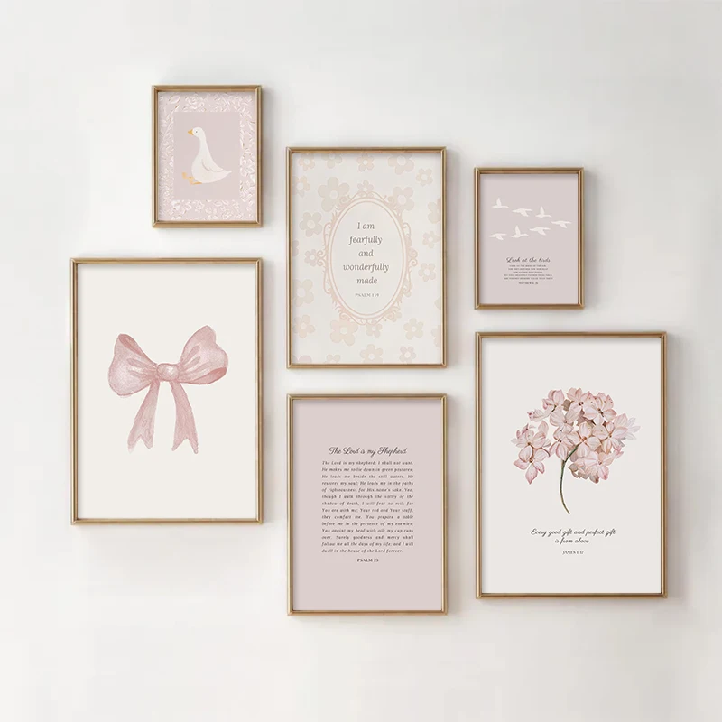 Pink Boho Bow Field Garden Canvas Painting Christian Bible Scripture Art Poster Gallery Wall Girls Bedroom Furniture Wall Art
