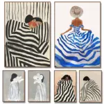 Black & White Woman in Stripes Abstract  Flower Canvas Painting Wall Art Poster for Living Room Home Decor Cuadros