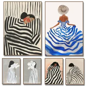 Black & White Woman in Stripes Abstract  Flower Canvas Painting Wall Art Poster for Living Room Home Decor Cuadros