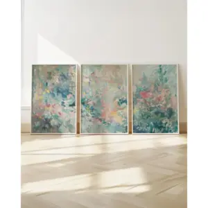 Frameless Three-piece Wall Art,Pastel Abstract Painting,Three Prints,Gallery Collection,Three-color Sage Green and Pink Decor