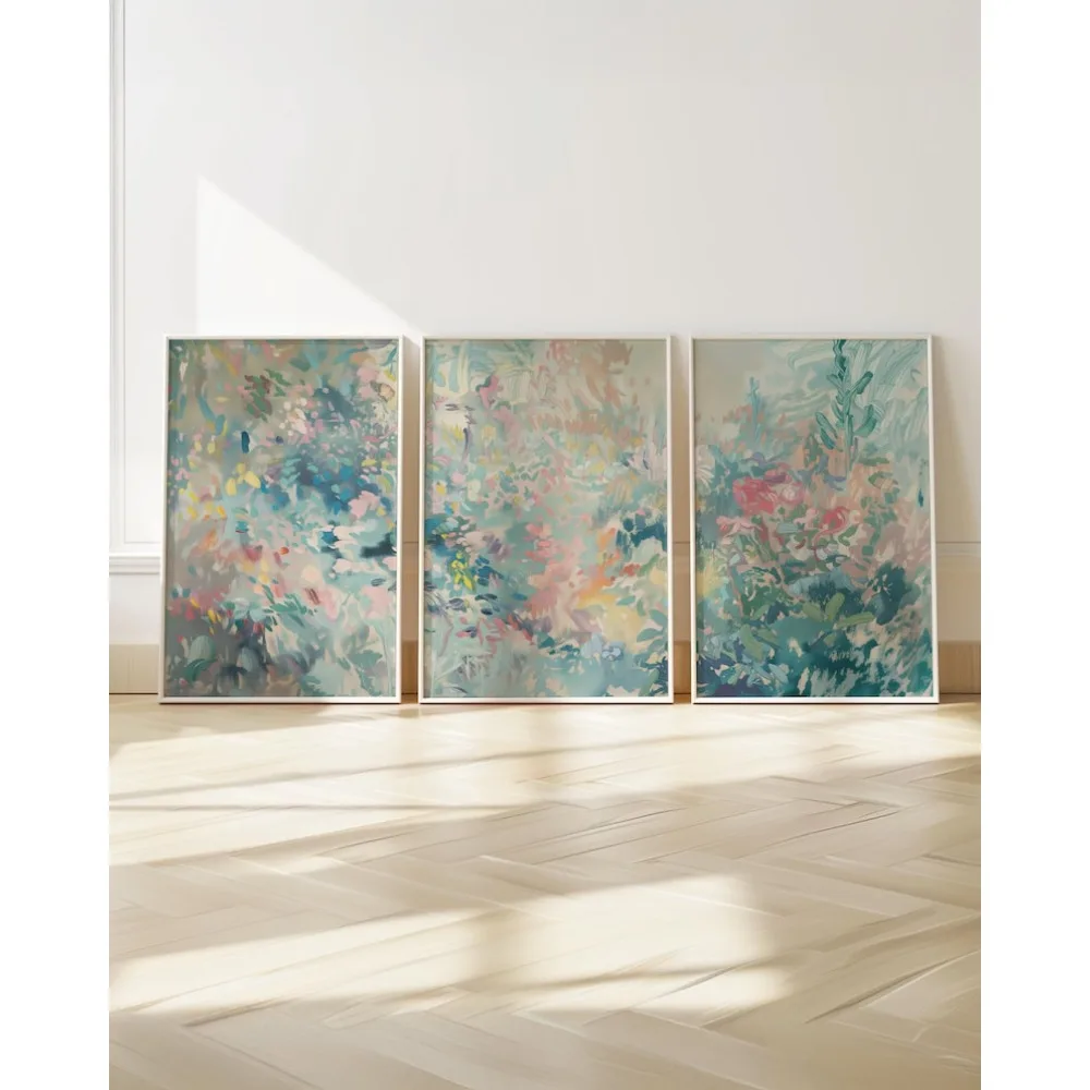 Frameless Three-piece Wall Art,Pastel Abstract Painting,Three Prints,Gallery Collection,Three-color Sage Green and Pink Decor