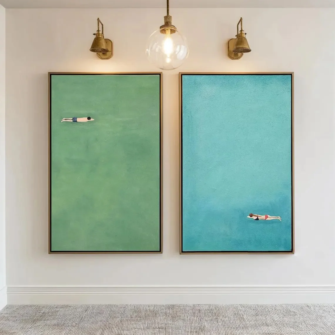 Two-piece Set: Wall Decoration, Retro Poster, Blue-green Aquatic Art Canvas Painting, and A Poster Depicting A Swimming Scene - Image 2