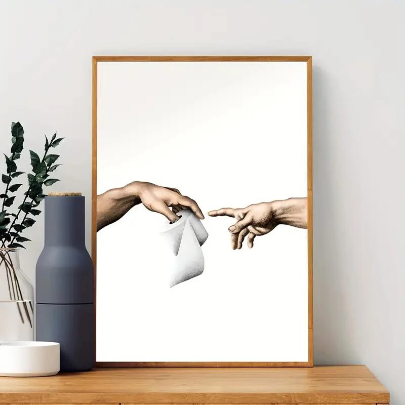 Adam's Creation Meets Toilet Paper Canvas Posters Print, Michelangelo Wall Art,Minimal,Toilet Decor,Modern Home Decoration