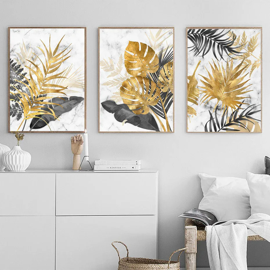 3 pieces Frameless modern luxury gold leaf art banana leaf canvas painting for corridors, living room sofa background - Image 4