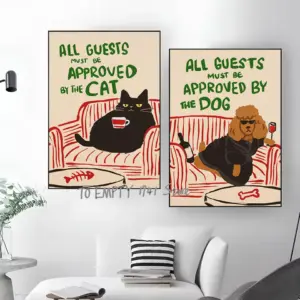 All Guests Must Be Approved By The Cat  Dogs Funny Cat Dog Lovers Poster Canvas Painting Wall Pictures Home Living Room Decor