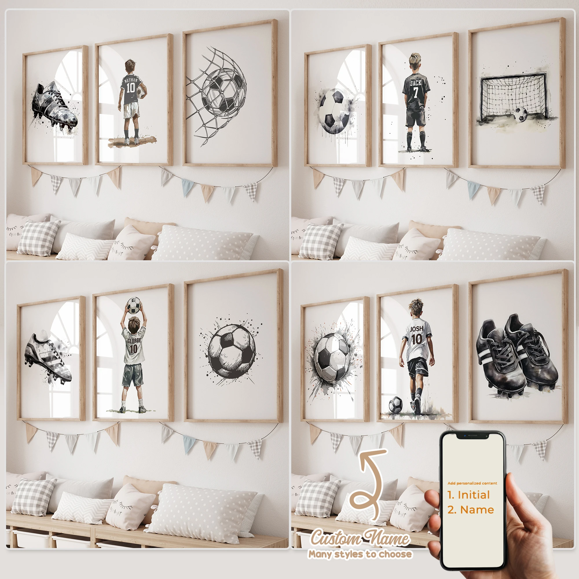 3pcs Personalized Custom Name Cartoon Child football Wall Art Print Picture Canvas Poster Painting For Living Room Home Decor