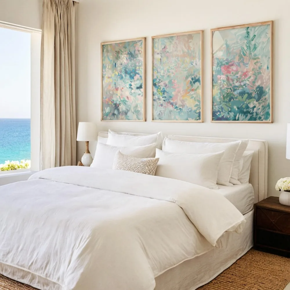 Frameless Three-piece Wall Art,Pastel Abstract Painting,Three Prints,Gallery Collection,Three-color Sage Green and Pink Decor - Image 3