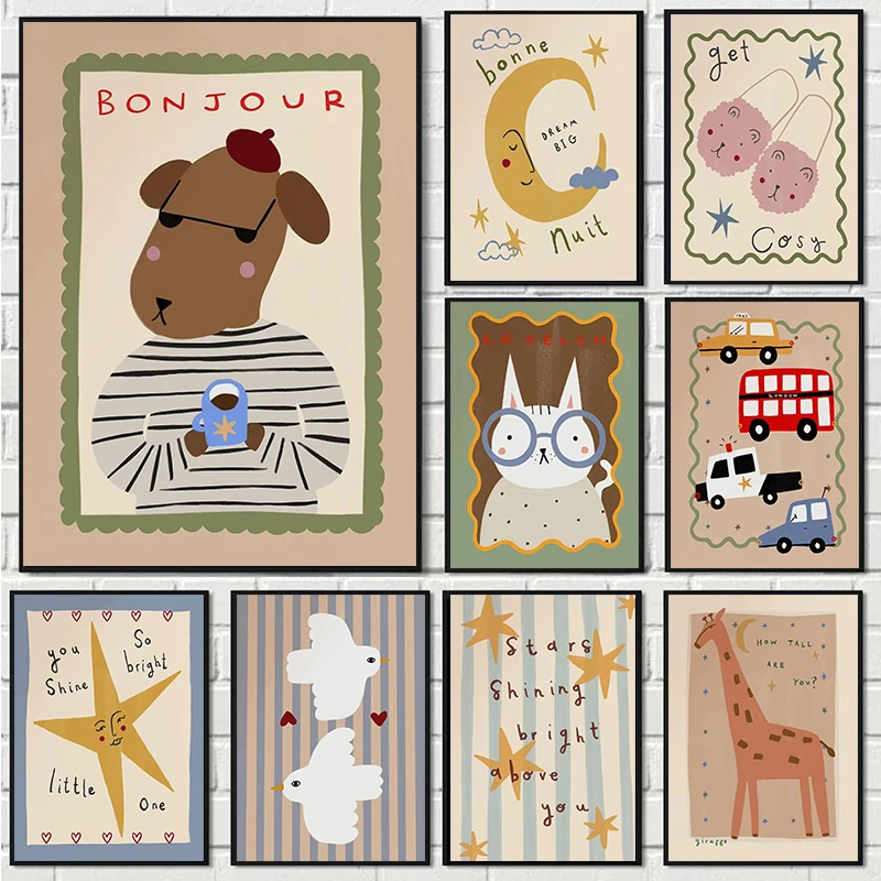 Bohemian Sun Moon Animal Cartoon Illustration Poster Prints Canvas Painting Wall Art Picture Living Kindergarten Room Home Decor