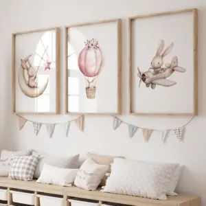 Bunny Flies A Hot Air Balloon 3pcs Wall Art Prints Canvas Painting Poster Picture For Living Bedroom Kids Play Room Home Decor