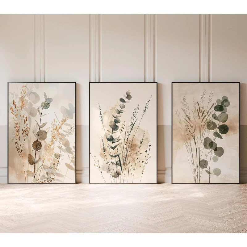 3pc Botanical Wall Artwork Neutral Minimalist Prints Scandinavian Bedroom Decor Eucalyptus Triptych Boho Living Room Wall Art
