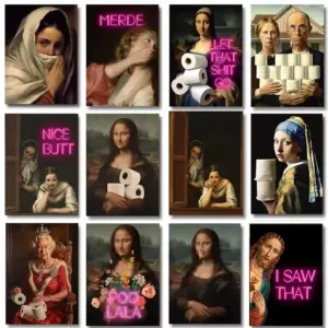 Funny Bathroom Toilet Mona Lisa Wearing Pearls Girl with Roll Paper Poster Print Canvas Painting Wall Art Living Room Home Decor