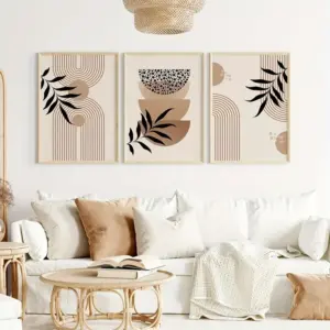 3pcs Modern Wall Art Boho Gallery,Mid Century Modern Prints,Neutral Art Boho Brown Geometric Black Leaves Canvas Print,No Frame