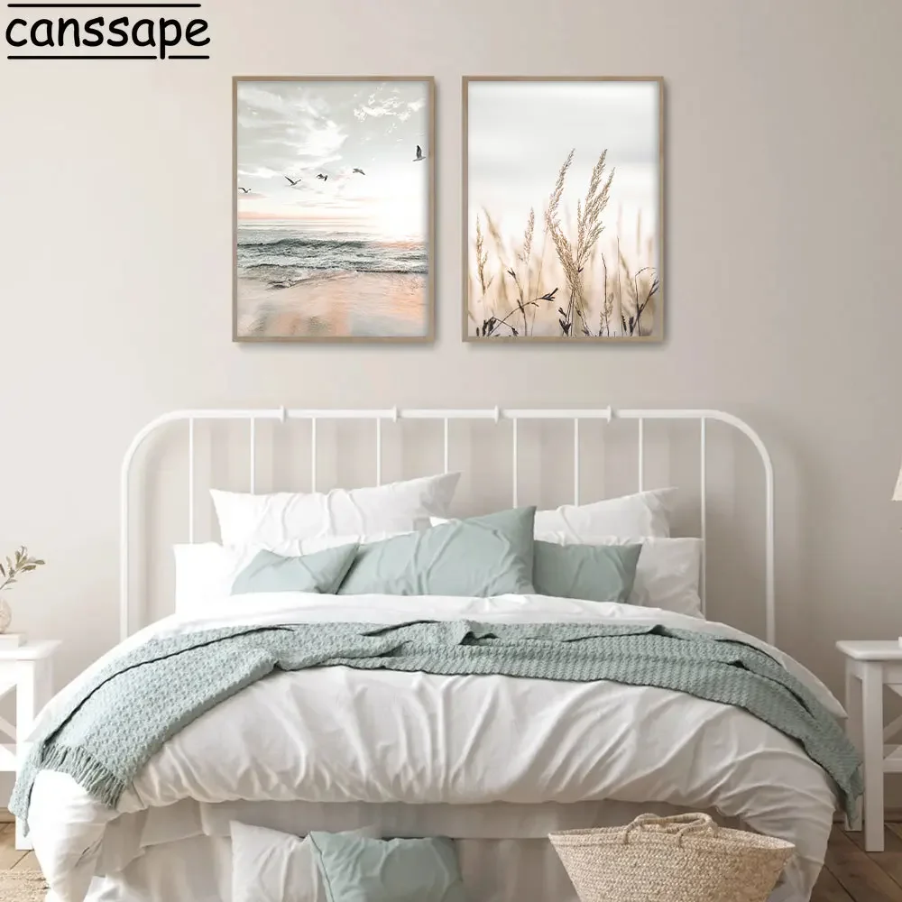 Beige Scenery Print Pictures Hay Reed Hand Sand Canvas Painting Sea Beach Seagull Wall Art Nordic Wall Posters Living Room Decor - Image 4