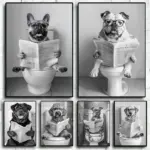 Black and White French Bulldog Sitting on Toilet Poster Corgi in Bathtub Canvas Painting Wall Art Print Picture Bathroom Decor