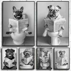 Black and White French Bulldog Sitting on Toilet Poster Corgi in Bathtub Canvas Painting Wall Art Print Picture Bathroom Decor
