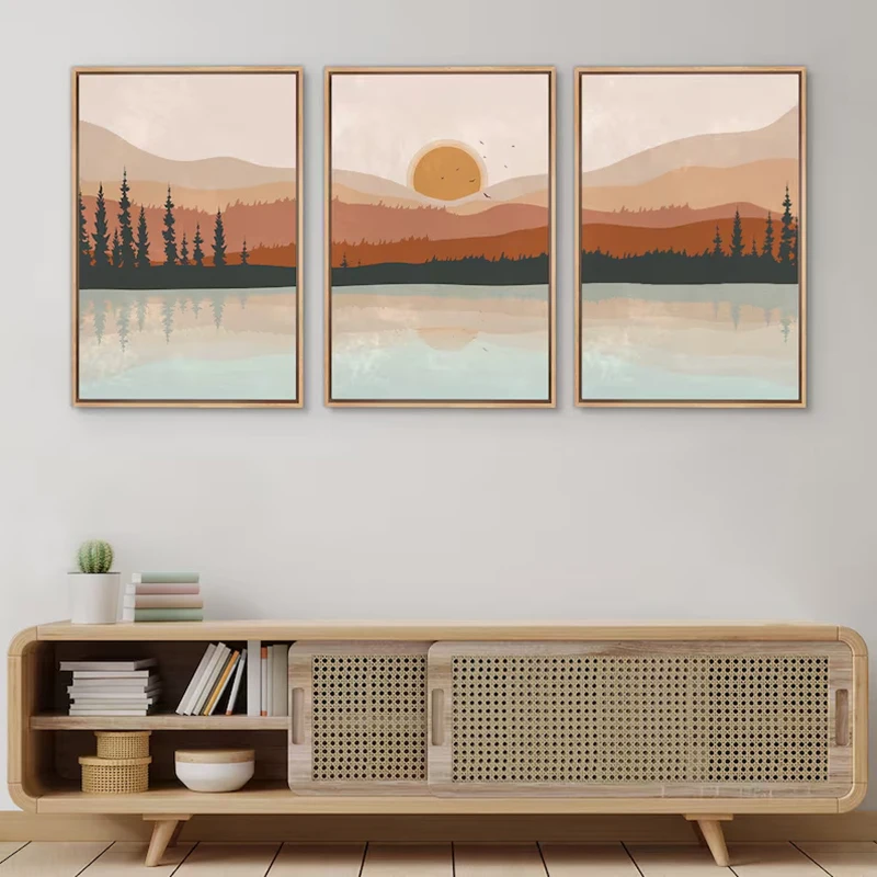 Wall Art Set of 3 Poster Sunset Forest Landscape Painting Abstract Illustrations Modern Art Minimalist Living Room Wall Decor - Image 5