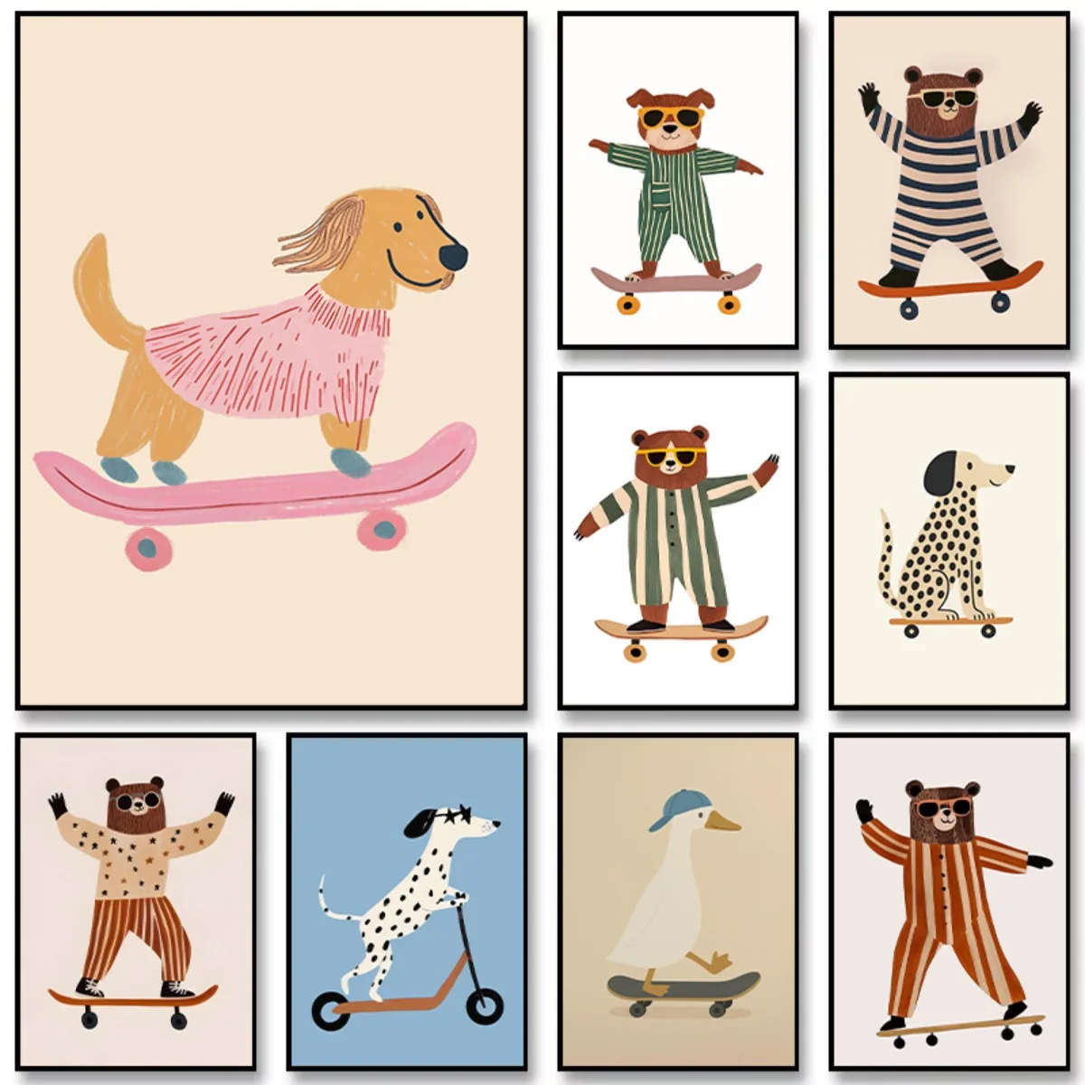 Cute Skateboard Dog Dachshund Canvas Prints Poster Cartoon Funny Animal Art Prints Bedroom Nursery Wall Art Home Decor Poster