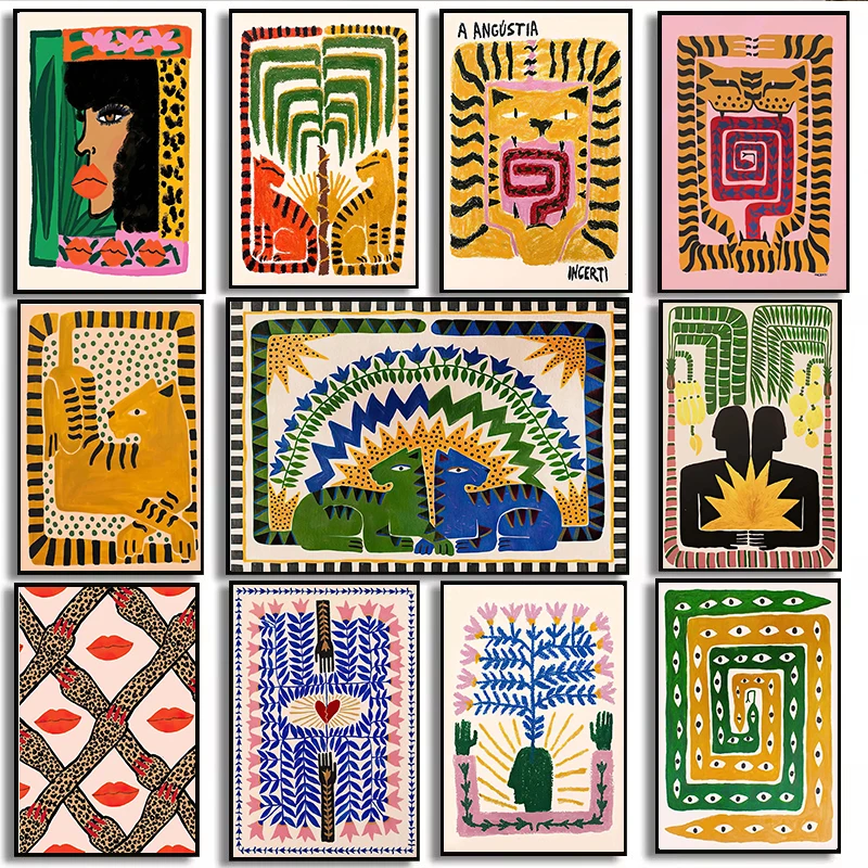 Ancient Egypt Colorful Abstract Boho Poster Tiger Leopard Figure Wall Art Prints Canvas Painting Pictures For Living Room Decor