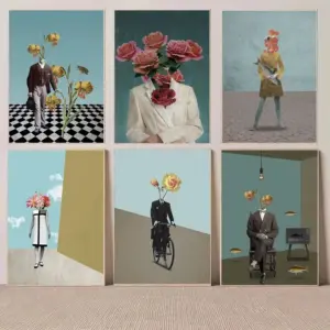 Retro Women and Men Flower Head Painting Canvas Prints Wall Art Pictures Abstract Painting for Living Room Decoration