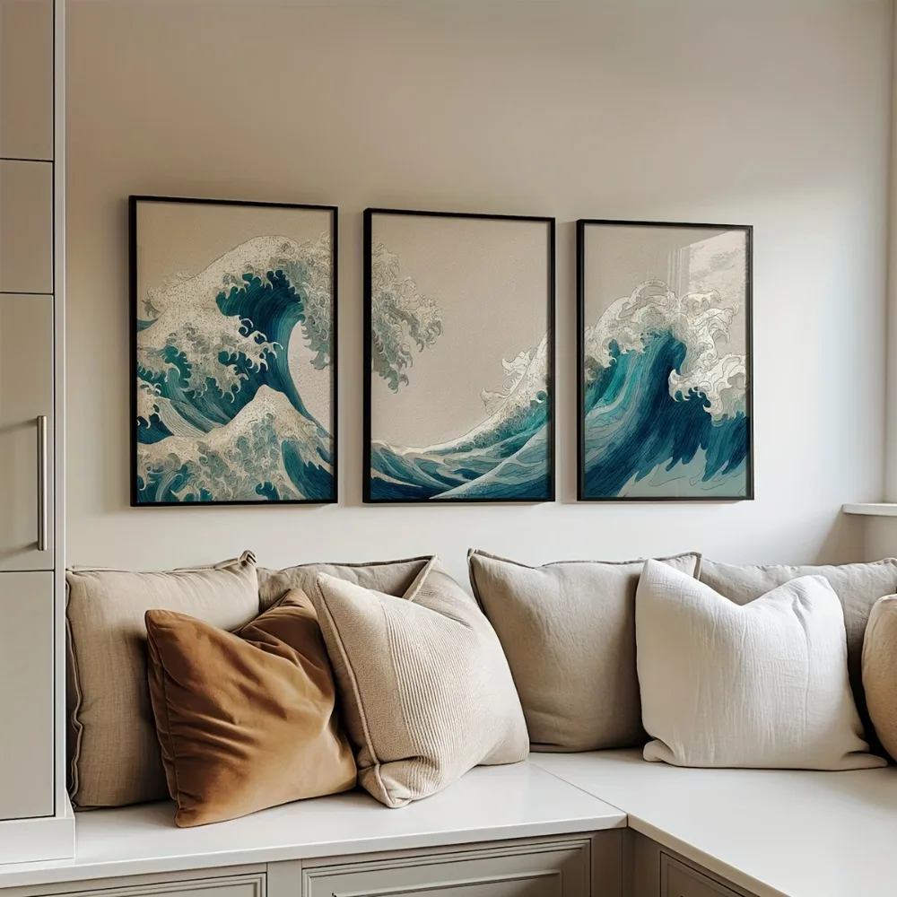 3pcs Frameless Japanese Quiet Wave Triptych Abstract Coastal Landscape Poster Decor,Blue Nautical Decor,Zen Beach Home Printing - Image 4