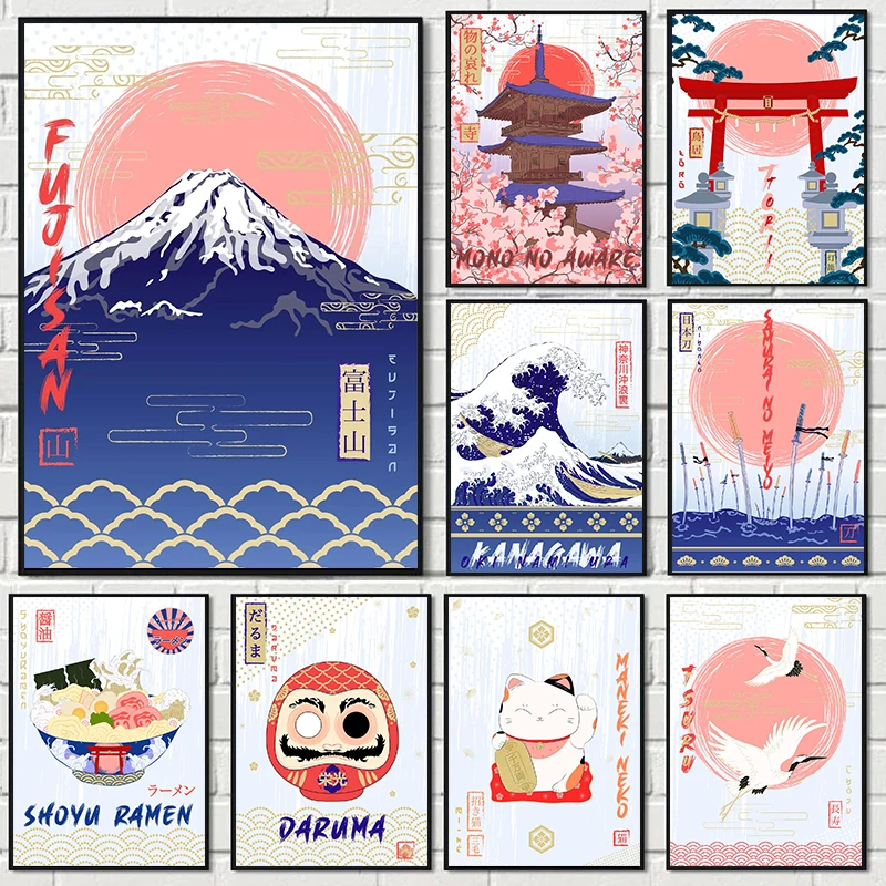 Japanese Cultural Landscape Canvas Poster Fujisan Kanagawa Animal Ramen Food Wall Art Prints for Modern Living Room Home Decor