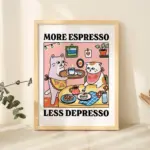 "More Espresso Less Depresso Cat Wall Print Decor - Playful Coffee Art for Kitchen Accent, Coffee Bar Wall Decor, or Humorous St