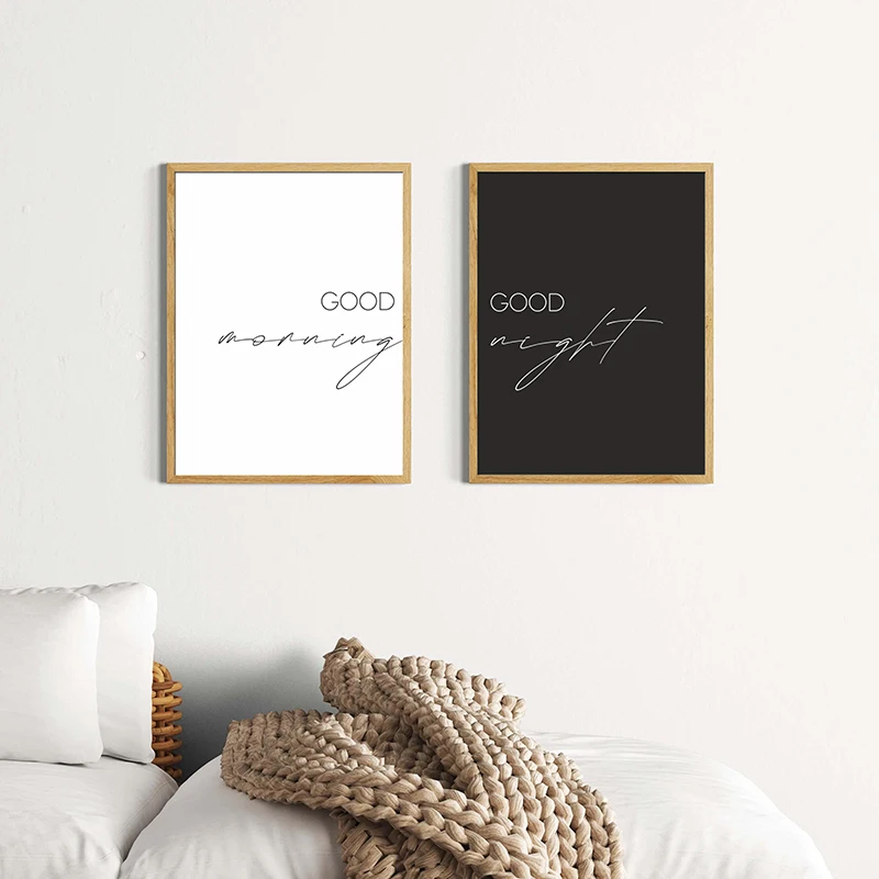 Black & White Good Morning Good Night Canvas Poster Minimal Print Modern Bedroom Over Bed Wall Art Picture for Home Decoration - Image 2