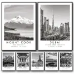 Black White Travel City Poster Dubai Prague Sydney Perth Tokyo Print Canvas Painting Wall Art Picture for Living Room Home De